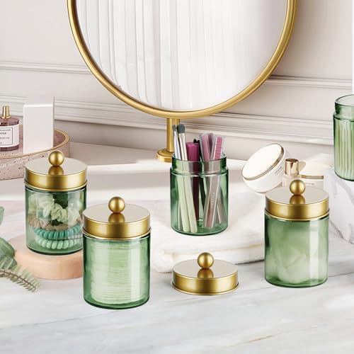 Amolliar Green Glass Apothecary Jar, Qtip Holder Bathroom Decor, Gold 1Pack