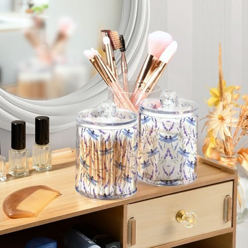 MNSRUU 4 Pack Qtip Holder Organizer Dispenser Dragonfly Lavender Bathroom Storage Canister Cotton Ball Holder Bathroom Containers for Cotton Swabs/Pads/Floss