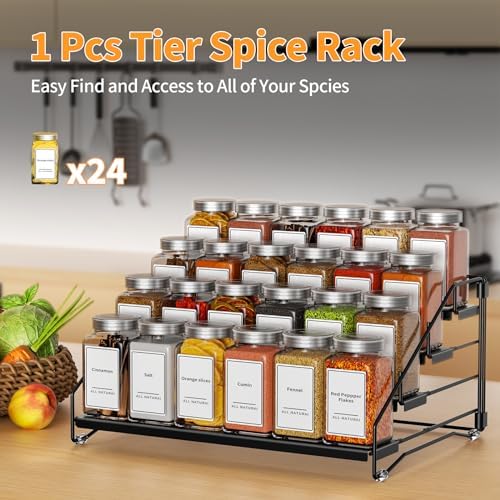 BOIVSHI 4 Tier Spice Rack for Cabinet, Spice Rack Organizer, Depth Adjustable Spice Holder for Countertop, Cupboard, Pantry, Seasoning Shelf, Metal, Black (1 Pack)
