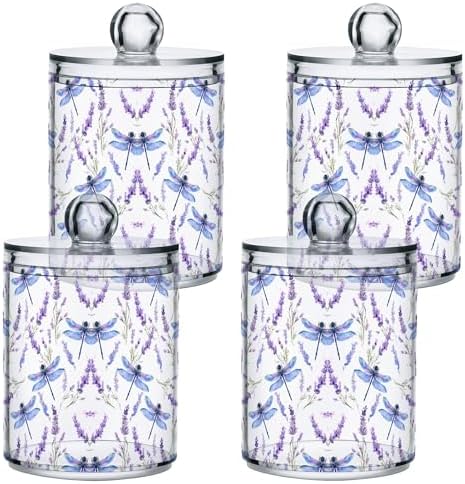 MNSRUU 4 Pack Qtip Holder Organizer Dispenser Dragonfly Lavender Bathroom Storage Canister Cotton Ball Holder Bathroom Containers for Cotton Swabs/Pads/Floss
