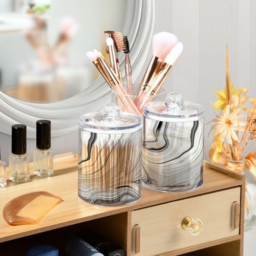 MNSRUU 4 Pack Qtip Holder Organizer Dispenser Fashion Grey Marble Bathroom Containers Bathroom Vanity Storage Canister Apothecary Jars for Cotton Swabs/Pads/Floss