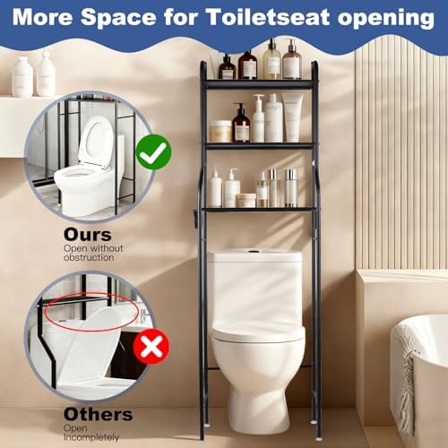 3-Tier Over The Toilet Storage Shelf, Freestanding Metal Bathroom Organizer with Hooks, Space Saving Bathroom Storage Rack with Adjustable Feet, Anti-Tip Design for Small Bathrooms, Black