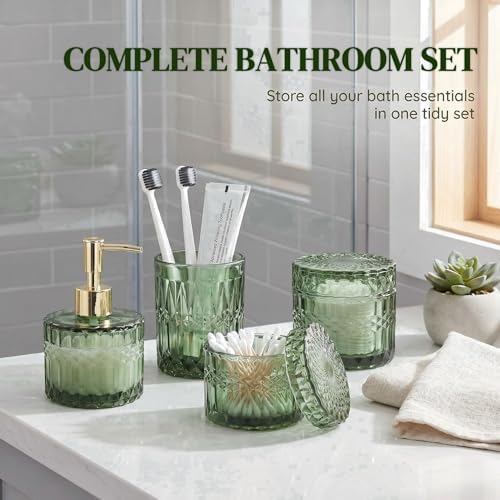 LaMarriti Green Bathroom Accessories Set, 4Pcs Clear Glass Bathroom Set, Soap Dispenser and Toothbrush Holder Set, Qtips Holder, Soap Dish for Crystal Modern Bathroom Decor, Countertop Organizer
