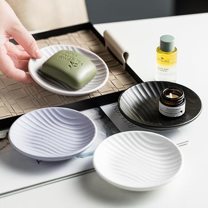 Chic Round Soap Dish, Modern Minimalist Striped Design Ceramic Tray(Black)
