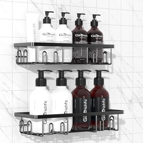 Getsrichfc Shower Caddy Adhesive, Rustproof Shower Shelves for Inside Shower, Large Capacity Bathroom Organizers and Storage, Shower Storage with Removable Hooks, No Drill Bathroom Accessories Black