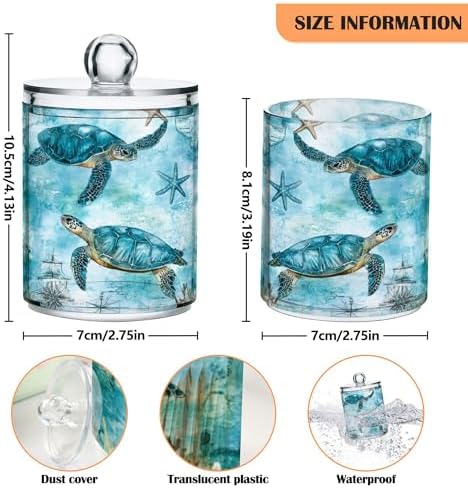 MNSRUU 2 Pack Qtip Holder Organizer Dispenser Turtle Starfish Map Sailing Bathroom Storage Canister Cotton Ball Holder Bathroom Containers for Cotton Swabs/Pads/Floss