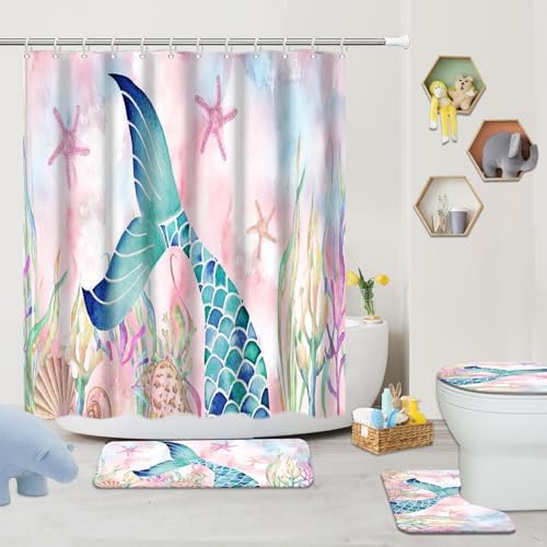 4 Pcs Mermaid Bathroom Set Pink Shower Curtain Sets with Non-Slip Rugs Toilet Lid Cover and Bath Mat Set, Kids Girl Bathroom Decor with 12 Hooks
