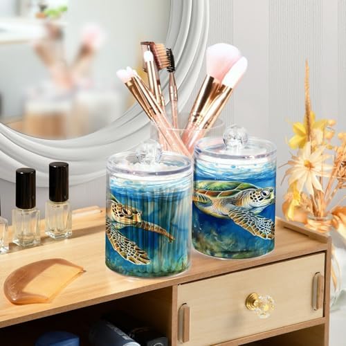 MNSRUU 2 Pack Qtip Holder Organizer Dispenser Watercolor Turtle Blue Bathroom Storage Canister Cotton Ball Holder Bathroom Containers for Cotton Swabs/Pads/Floss