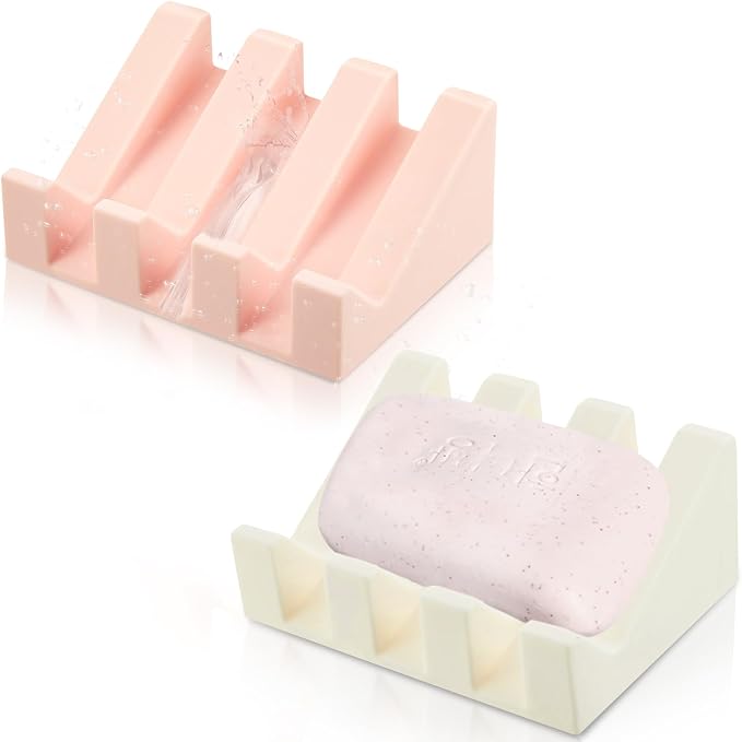 Cunhill 2 Pieces Silicone Soap Dish Self Draining Soap Dish Shower Waterfall Bar Soap Holder Tray with Drain Soap Saver for Kitchen Bathroom Accessories (Light Pink,Bright White)
