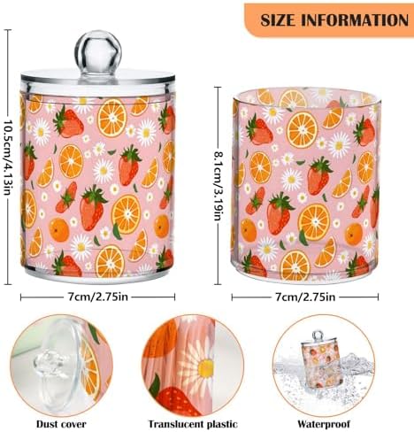 ALAZA 4pcs Strawberry Orange Fruit Daisy Flower Qtip Holder Dispenser 14 oz Bathroom Storage Clear Apothecary Jars Containers Cotton Ball,Cotton Rounds,Floss Picks, Hair Clips, Food
