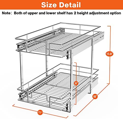 ROOMTEC Individual Pull Out Cabinet Organizer (11" W x 18" D), 2 Tier Spice Rack Organizer for Cabinet, Slide Out Drawer Pantry Shelf Organization and Storage for Kitchen Bathroom