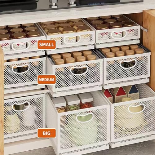 Sliding Cabinet Basket Organizer Drawer Self Adhesive Slide out Pantry Shelves Heavy Duty Carbon Steel Slide Cabinet Storage Basket with Handle for Bathroom Kitchen Home