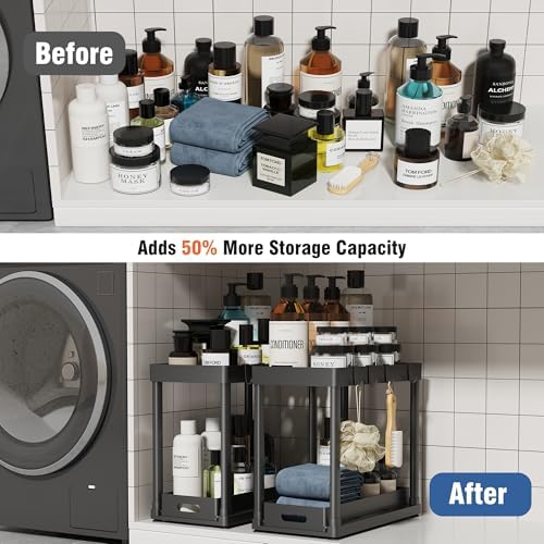 2PC Under Sink Organizer Rack 2 Tier Under Sliding Cabinet Basket Organizer Drawer with 4 Hooks, Multi-purpose Under Sink Storage for Bathroom Kitchen Desktop（Black）