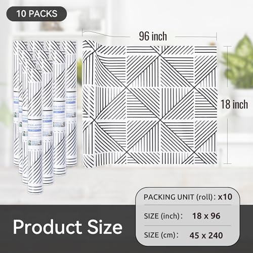 FIFTY FEET 18"x96" Non-Adhesive Shelf Liner for Kitchen Cabinets and Drawers, Washable Non-Slip PVC Cabinet Liner (Black Modern)(10 Roll)