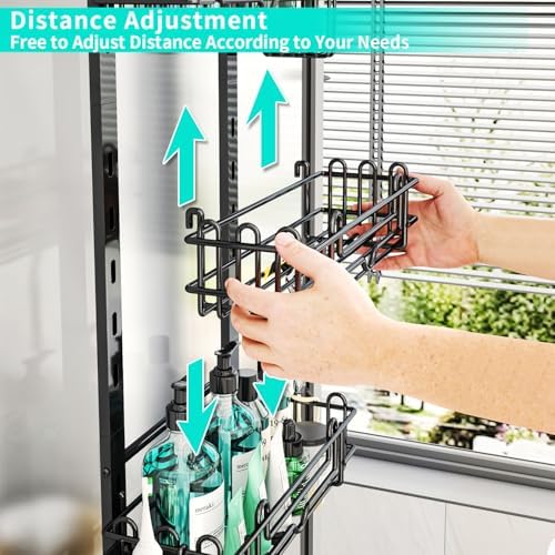 HapiRm Over the Door Shower Caddy - 4-Tier Hanging Shower Organizer with 22 Hooks and 2 Toothbrush Holders, No Drilling Adjustable Hanging Shelves for Bathroom - Black (Pack of 2)