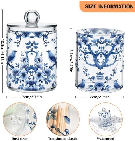 Blue White Porcelain Qtip Holder 4 Pack - 10 Oz Clear Plastic Apothecary Jar Set for Bathroom Organization - Versatile Canister Storage for Cotton Balls, Swabs, Rounds