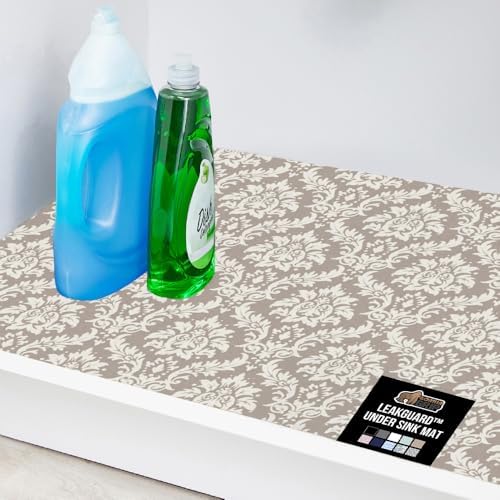 GORILLA GRIP LeakGuard Under Sink Mat for Cabinet, 24x24 Damask Taupe Cream