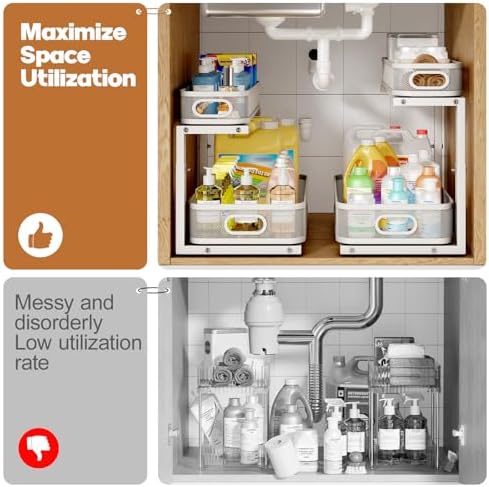 2 Pack 19.3IN-Depth Under Sink Organizer with Smooth Cylindrical Rail,2-Tier Pull Out Multi-Purpose Cabinet Storage for Bathroom&Kitchen,Height Adjustable,Rust-Resistant Coating-White