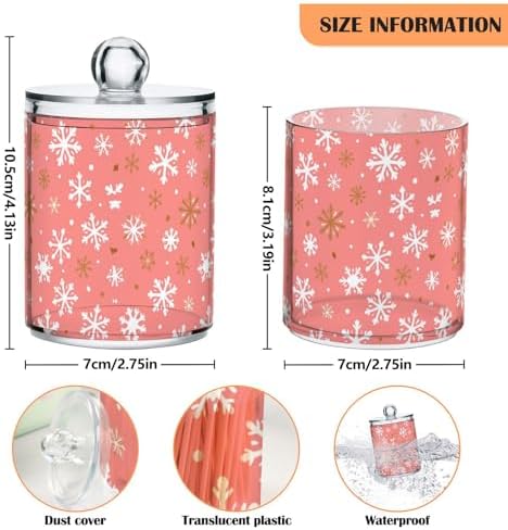 Gredecor 2 Pack Qtip Holder Clear Christmas Golden Pink Snowflakes Apothecary Jars with Lids Acrylic Christmas Winter Bathroom Jars Vanity Canister Storage Organizer for Cotton Ball,Swabs,Pads,Floss