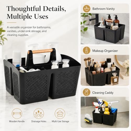 Haundry Plastic Shower Caddy with Wooden Handle, Portable 3-Compartment Bathroom Organizer Basket with Drainage Holes, Quick Dry Shower Basket for Dorm, College, Cleaning Supplies