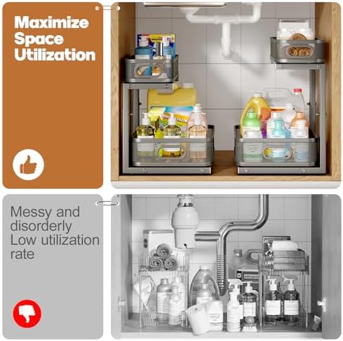 2 Pack 21.3IN-Depth Under Sink Organizer with Smooth Cylindrical Rail,2-Tier Pull Out Multi-Purpose Cabinet Storage for Bathroom&Kitchen,Height Adjustable,Rust-Resistant Coating-Gun Gray