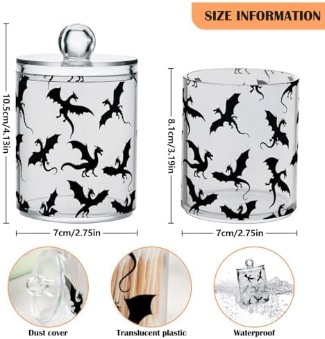 Gredecor 2 Pack Qtip Holder Clear Black Dragons Apothecary Jars with Lids Acrylic Bathroom Jars Vanity Countertop Canister Storage Organizer for Cotton Ball,Swabs,Pads,Floss