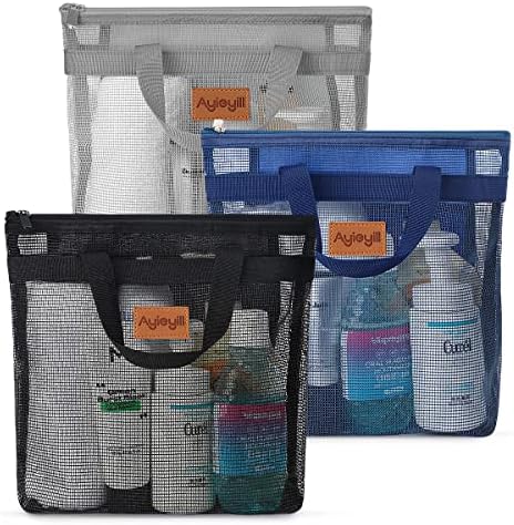 3 Pcs Portable Mesh Shower Caddy Tote, Quick Dry Tote Bag Mesh Beach Bags for Women, Hanging Toiletry and Bath Organizer for Travel Swimming Sports Gym Camp Shopping College Dorms (Black Gray D Blue)