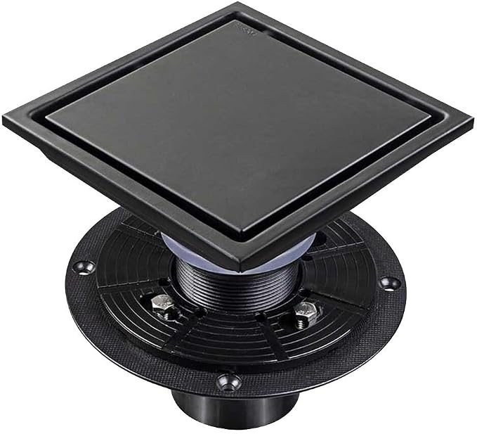 ELLO&ALLO 6 Inch Square Shower Drain Black Floor Drain with Flange Reversible 2-in-1 Cover Tile Insert Grate Removable SUS304 Stainless Steel Matte Black