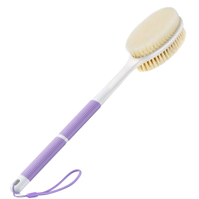 Back Scrubber Anti Slip for Shower, Long Handle Bath Brush with Stiff and Soft Bristles for Exfoliation, Dual-Use Shower and Dry Body Brush(Purple)