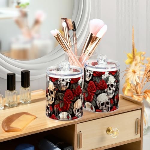 4 Pack Elegant Skulls with Red Roses Flowers Qtip Dispenser 10 Oz Apothecary Jars Clear Bathroom Storage Containers for Cotton Ball, Swab, Floss, Makeup Sponges, Hair Clip