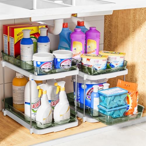 Delamu 2-Tier Multi-Purpose Bathroom Under Sink Organizers and Storage, Stackable Kitchen Pantry Organization, Pull Out Medicine Cabinet Organizer with Movable Dividers, Light Green, 4 Pack