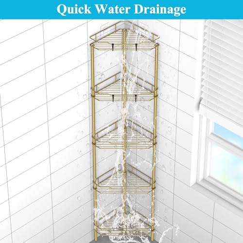 HuggieGems Metal Floor Standing Corner Shower Caddy, Gold, 5 Tier