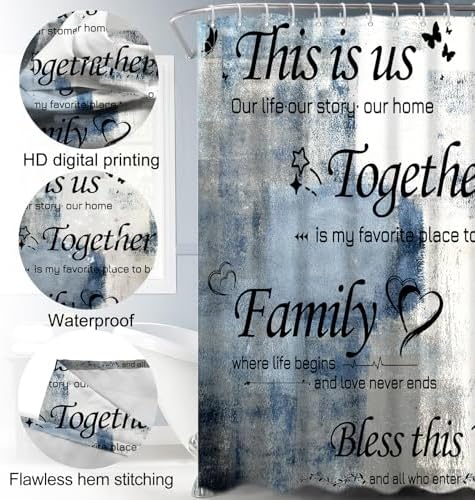 Lnond 4Pcs Shower Curtain Set with Toilet Lid Cover and Non-Slip Rugs for Bathroom,Navy Blue and White Abstract Motivational Bathroom Sets with Shower Curtain and Rugs