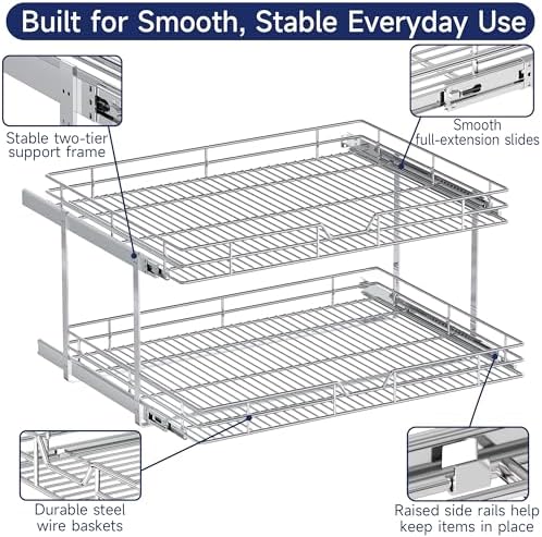 2-Tier Pull Out Cabinet Organizer, 31.5" W x 21.5" D, Heavy Duty Dual Slide Out Shelves for Wide Base Cabinets, Chrome Wire Basket Drawer for Pots, Pans, Pantry & Cleaning Supplies