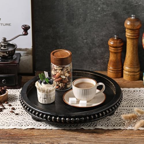 Black Round Wooden Tray for Decor, Rustic Farmhouse Centerpiece