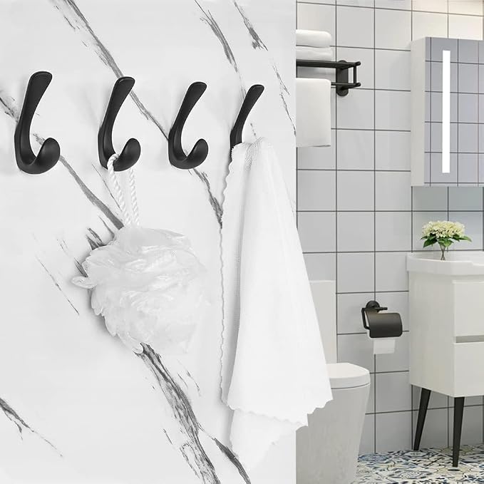6 Pack Towel Hooks for Bathrooms Wall Mounted, Matte Black Bathroom Hooks for Towels, Robe & Towel Hook for Wall, Modern Black Bath Towel Hook