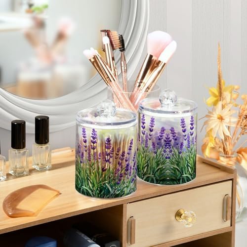 MNSRUU 4 Pack Qtip Holder Organizer Dispenser Lavender Bathroom Storage Canister Cotton Ball Holder Bathroom Containers for Cotton Swabs/Pads/Floss