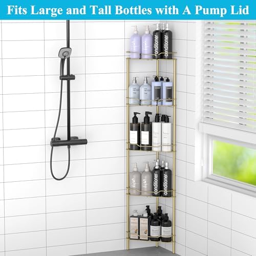 HuggieGems Metal Floor Standing Corner Shower Caddy, Gold, 5 Tier