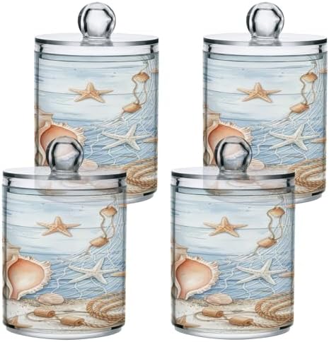 ALAZA 2pcs Starfish Seashell Tropical Beach Qtip Holder Dispenser 14 oz Bathroom Storage Clear Apothecary Jars Containers Cotton Ball,Cotton Rounds,Floss Picks, Hair Clips, Food