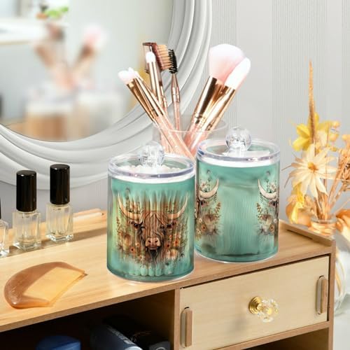 MNSRUU 4 Pack Qtip Holder Organizer Dispenser Highland Cow Flowers Pink Bathroom Storage Canister Cotton Ball Holder Bathroom Containers for Cotton Swabs/Pads/Floss