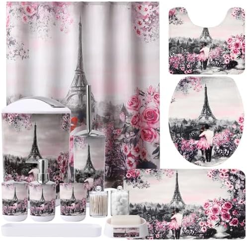 Bathroom Accessories Set with Shower Curtain Bath Rugs Pink Paris Bathroom Accessories with Trash Can, Shower Curtain Set,Bath Rugs for Home Decor