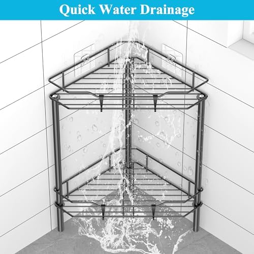 HuggieGems Metal Floor Standing Corner Shower Caddy, Black, 2 Tier