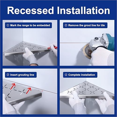 10" Corner Shower Shelf, 1-Pack Shower Shelves SUS304 Stainless Steel Bathroom Shelves for Tile Walls, Recessed Corner Shelf Organizer Rack, No Drilling (Brushed)