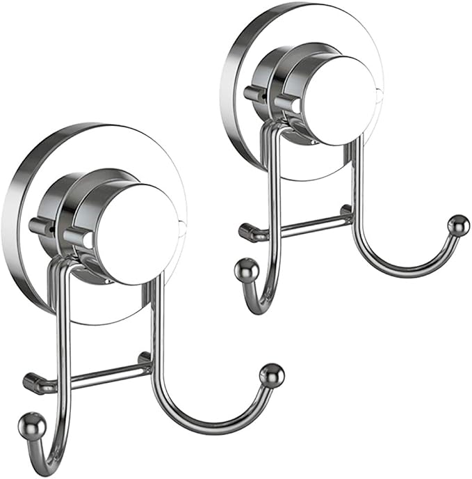 HOME SO Suction Cup Hooks for Shower & Bathroom Towel Holder 2-Pack – Suction Cups Hooks for Hanging Towels, Robes, & Coats - Tiles, Glass Door or Mirror – Shower and Towel Hooks - Chrome, Stainless