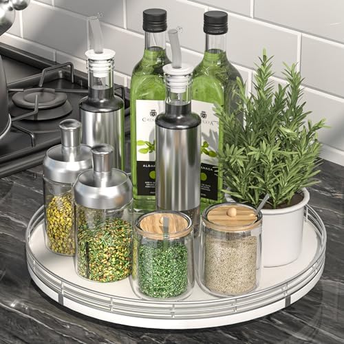 Oroyutor 12-Inch Oak Lazy Susan Spice Organizer with Silver Metal Rail