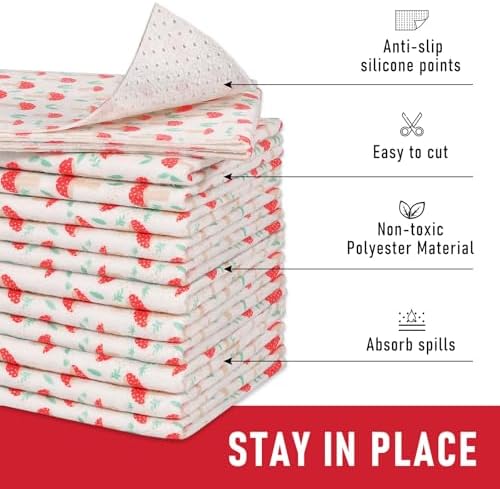 Cooyes 12 Pack Cloth Shelf Liners for Kitchen Cabinets, 17.7" × 24", Non-Slip Refrigerator Liners Machine Washable, Crisper Drawer Mats for Glass Shelves and Freezers, (Red Mushroom)