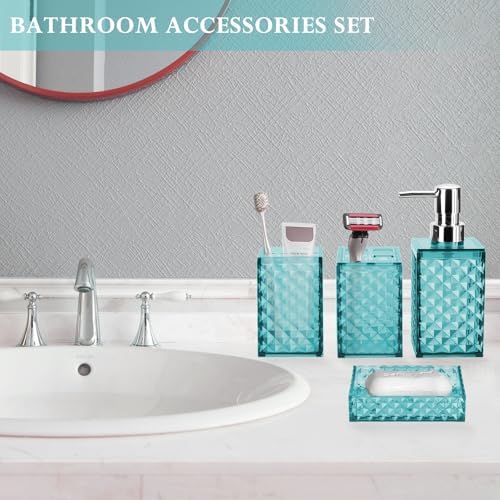 Bathroom Accessory Set, Grid Pattern 4 Pcs Plastic Bathroom Set, Teal Blue