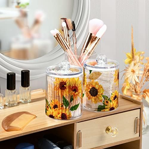 4 Pack Sunflower Qtip Holder Dispenser with Lid, 14 oz Clear Plastic Apothecary Jar Set for Bathroom Vanity Organizers Storage Containers