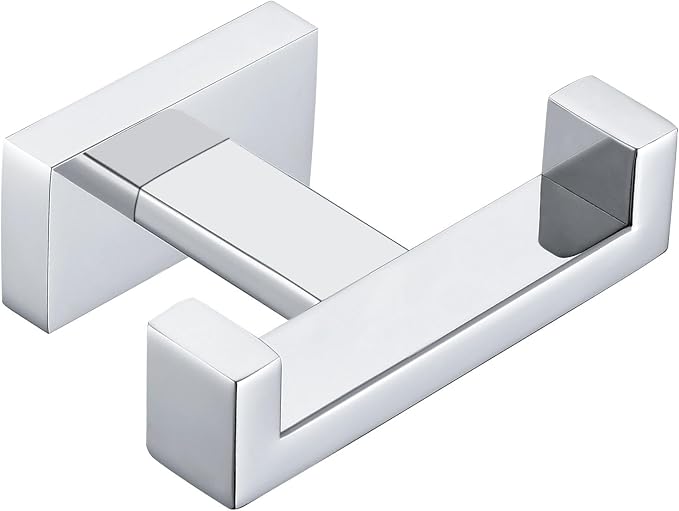 APLusee Square Double Towel Hook, 304 Stainless Steel Dual Coat Holder, Modern Bathroom Kitchen Storage Hanger Wall Mounted, Polished Chrome