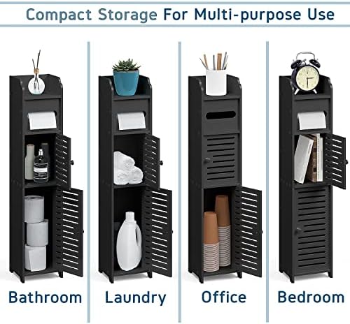 Hearth & Harbor Storage Cabinet With Doors for Toilet Paper, Floor Standing Bathroom Organizer With 2 Apothecary Decor Jars, Shelf Organizer, Black
